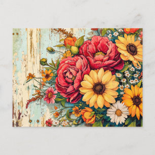 Rode en Gele Tuinbloemen op Hout Briefkaart