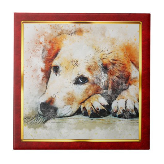 Rode en gouden abstracte hond afdruk met lijst tegeltje (Voorkant)