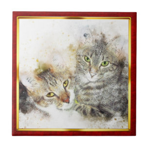 Rode en gouden abstracte kattenprint met lijst tegeltje