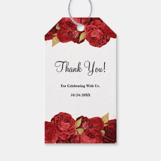 Rode En Gouden Bloemen Bruiloft Cadeaulabel (Voorkant)