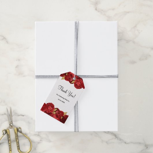 Rode En Gouden Bloemen Bruiloft Cadeaulabel (Met Touw)