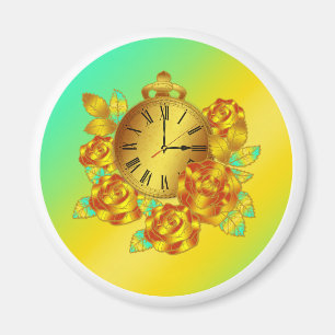Rode en Gouden Bloemen en Antiek Klok Magneet