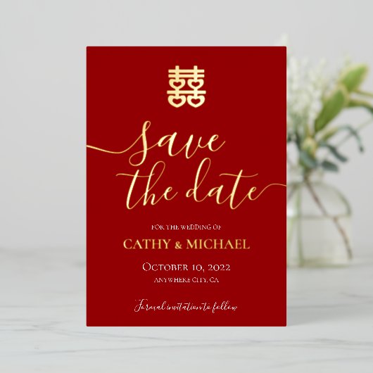 Rode en gouden Chinese bruiloft met uitzondering Folie Uitnodiging (Staand Voorkant)