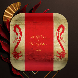 Rode en Gouden Draak Fantasy Aziatische Theme Wedd Papieren Bordje