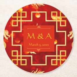 Rode en gouden draken bruiloft ronde kartonnen onderzetter