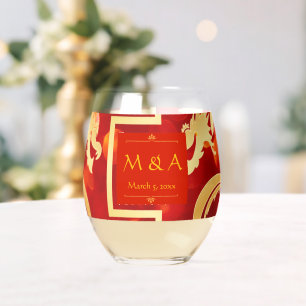 Rode en gouden draken bruiloft wijnglas zonder voet