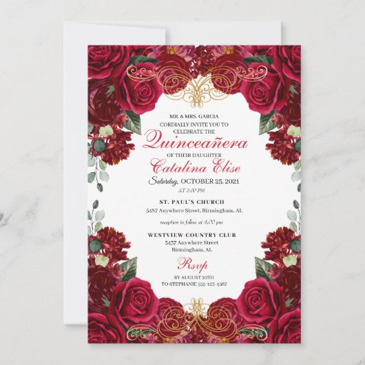 Rode en gouden Floral Quinceanera Birthday Uitnodi Kaart (Voorkant)