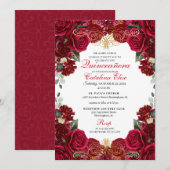 Rode en gouden Floral Quinceanera Birthday Uitnodi Kaart (Voorkant / Achterkant)