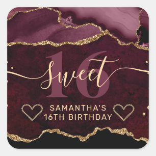 Rode en gouden glinsterende agaatmarmer Sweet 16 Vierkante Sticker