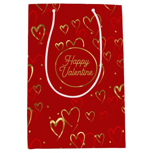 Rode en gouden harten op rood Valentijns Pattern Medium Cadeauzakje (Voorkant)