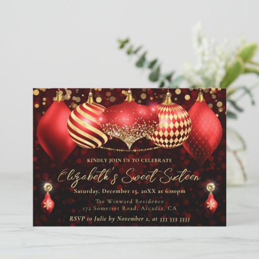 Rode en gouden kerstballen Sweet 16 Kaart (Staand voorkant)
