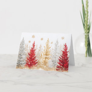Rode en gouden kerstbomen met sneeuwvlokken kaart