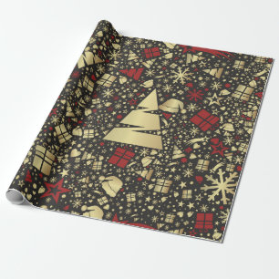 Rode en gouden kerstboomvlokken en sterren cadeaupapier