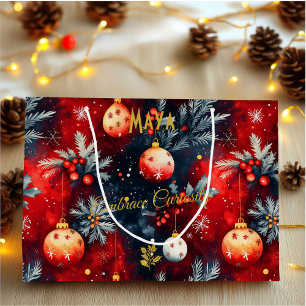 Rode en gouden kerstcadeautas met feestelijke deco groot cadeauzakje