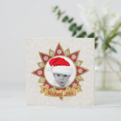 Rode en gouden luxe cirkelvormige vorm frame sneef feestdagenkaart (Staand voorkant)