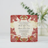 Rode en gouden  Paisley Damask Wedding Kaart (Staand voorkant)