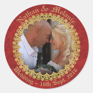Rode en gouden sierlijke aangepaste foto ronde sticker