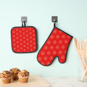 Rode en gouden sierontwerp ovenwant & pannenlap set