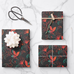 Rode en groene Abstracte Floral op zwart Inpakpapier Vel