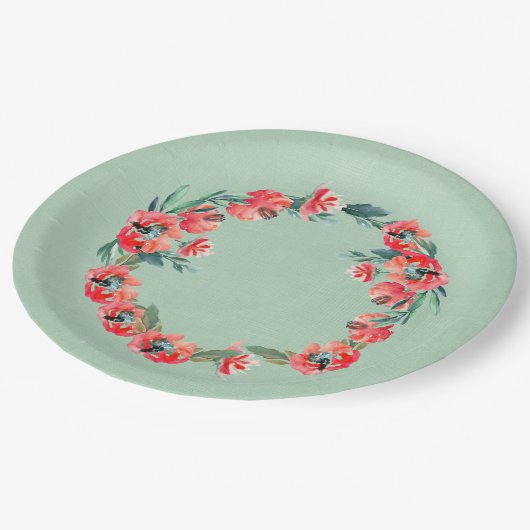 Rode en Groene Bloemen Waterverf Krans Botanisch Papieren Bordje (Gekanteld)