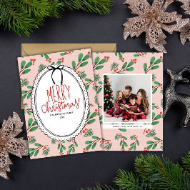 Rode en groene Holly Berries Foto Kerst Kaart