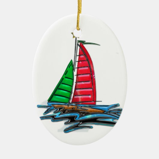 Rode en groene kerstboot keramisch ornament (Voorkant)