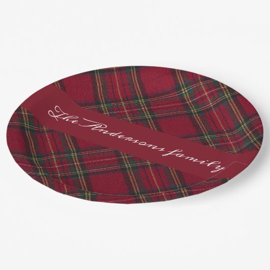 Rode en groene kerstplaid familienaam papieren bordje (Gekanteld)
