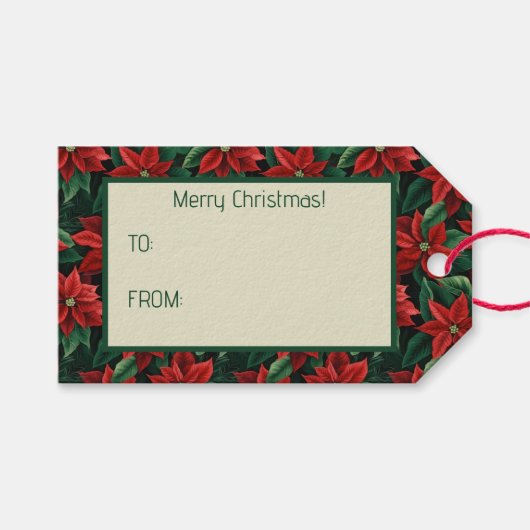  rode en groene Poinsettias digitale kunst Cadeaulabel (Voorkant (Horizontaal))