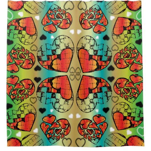 Rode en groene witte roomkleurige harten douchegordijn (Voorkant)