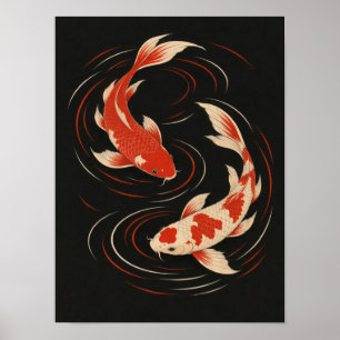 Rode en Ivoren Koi Vissen Rimpels Japanse Kunst Poster