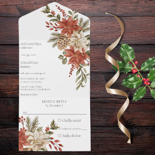 Rode en Ivoren Poinsettia's met Dennengroen All In One Uitnodiging