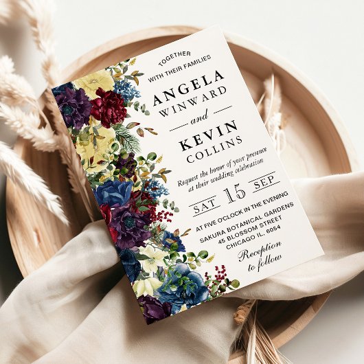 Rode en marine winterbloemen bruiloft kaart