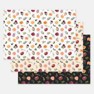 Rode en oranje bloemen met bladpatroon inpakpapier vel