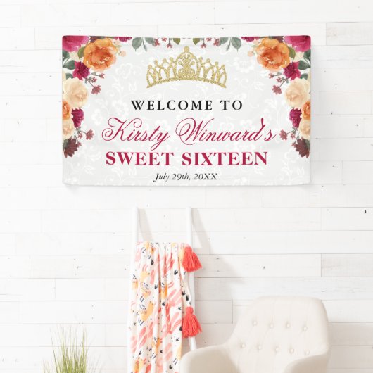 Rode en Oranje Herfst Autumnal Flowers Sweet 16 Spandoek (Insitu)