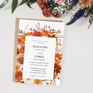 Rode en Oranje Herfst Floral Wedding B Kaart