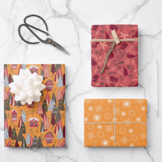 Rode en oranje kerstbosdorp inpakpapier vel
