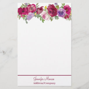 Rode en paarse waterverf bloemen gepersonaliseerd briefpapier