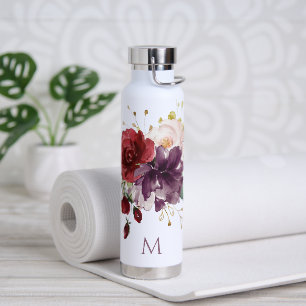 Rode en Pruim Rozen Waterverf Bloemen met Monogram Waterfles