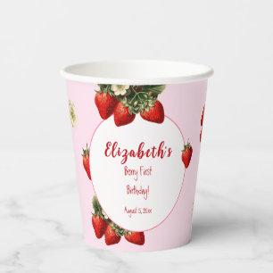 Rode en Roze Aardbei Eerste Verjaardag Meisje Papieren Bekers
