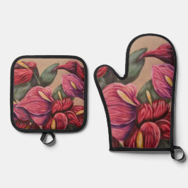 Rode en roze anthurium ovenhandset ovenwant & pannenlap set
