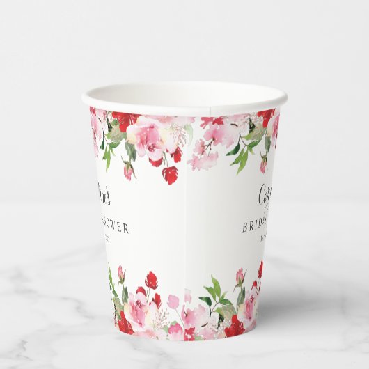 Rode en Roze Aquarel Rozen Bruidsdouche Papieren Bekers (Rechts)
