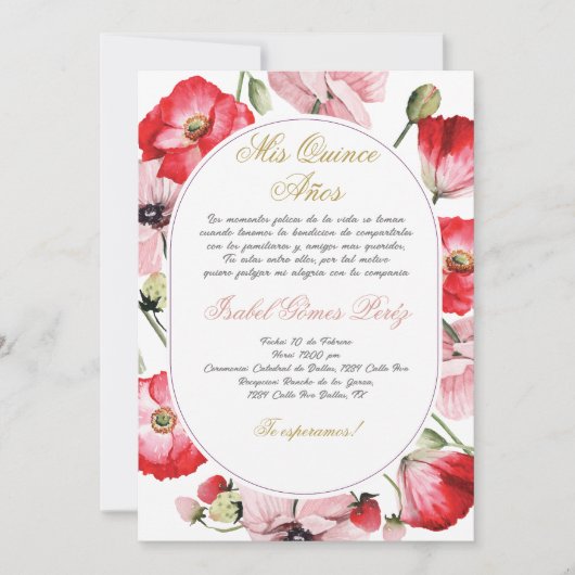 Rode en roze bloem Quinceanera uitnodiging (Voorkant)