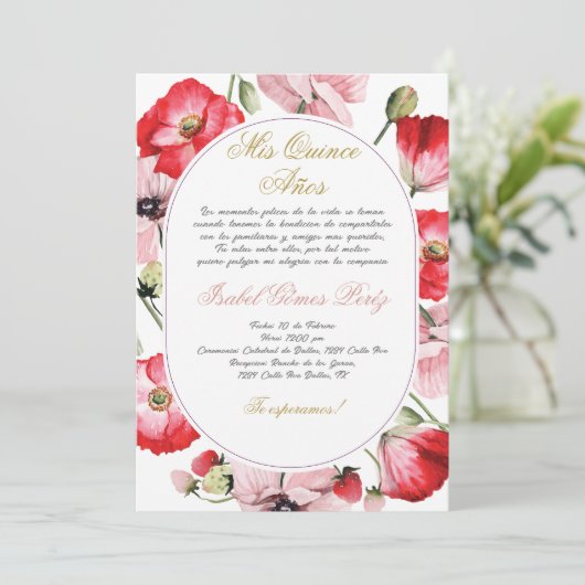 Rode en roze bloem Quinceanera uitnodiging (Staand voorkant)