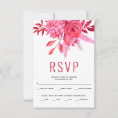 Rode en roze bloemen en bladeren bruiloft RSVP kaartje (Voorkant)