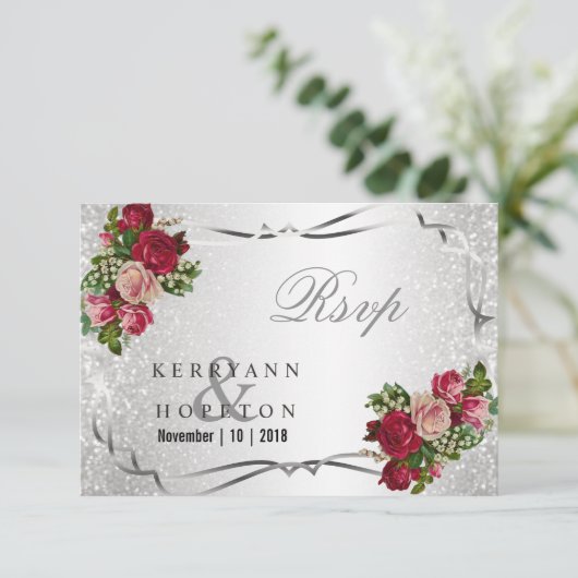 Rode en Roze Bloemen en Zilver Glitters - RSVP (Staand voorkant)