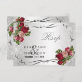 Rode en Roze Bloemen en Zilver Glitters - RSVP (Voorkant / Achterkant)