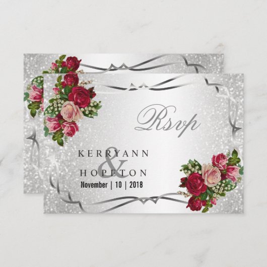 Rode en Roze Bloemen en Zilver Glitters - RSVP (Voorkant / Achterkant)