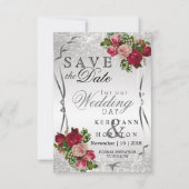 Rode en roze bloemen en zilverglitter save the date (Voorkant)