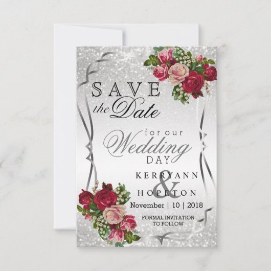 Rode en roze bloemen en zilverglitter save the date (Voorkant)