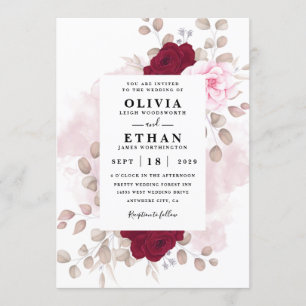 Rode en Roze Bloemen Rustiek Elegante Witte Huweli Kaart